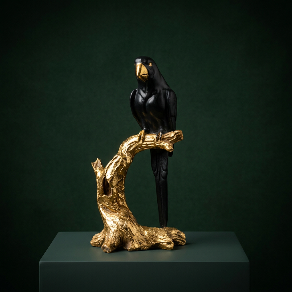 Black Gold Parrot Statue Dark Green Background