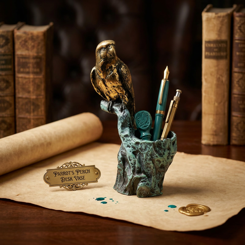 Teal Gold Parrot Pen Holder Antique Parchment Background