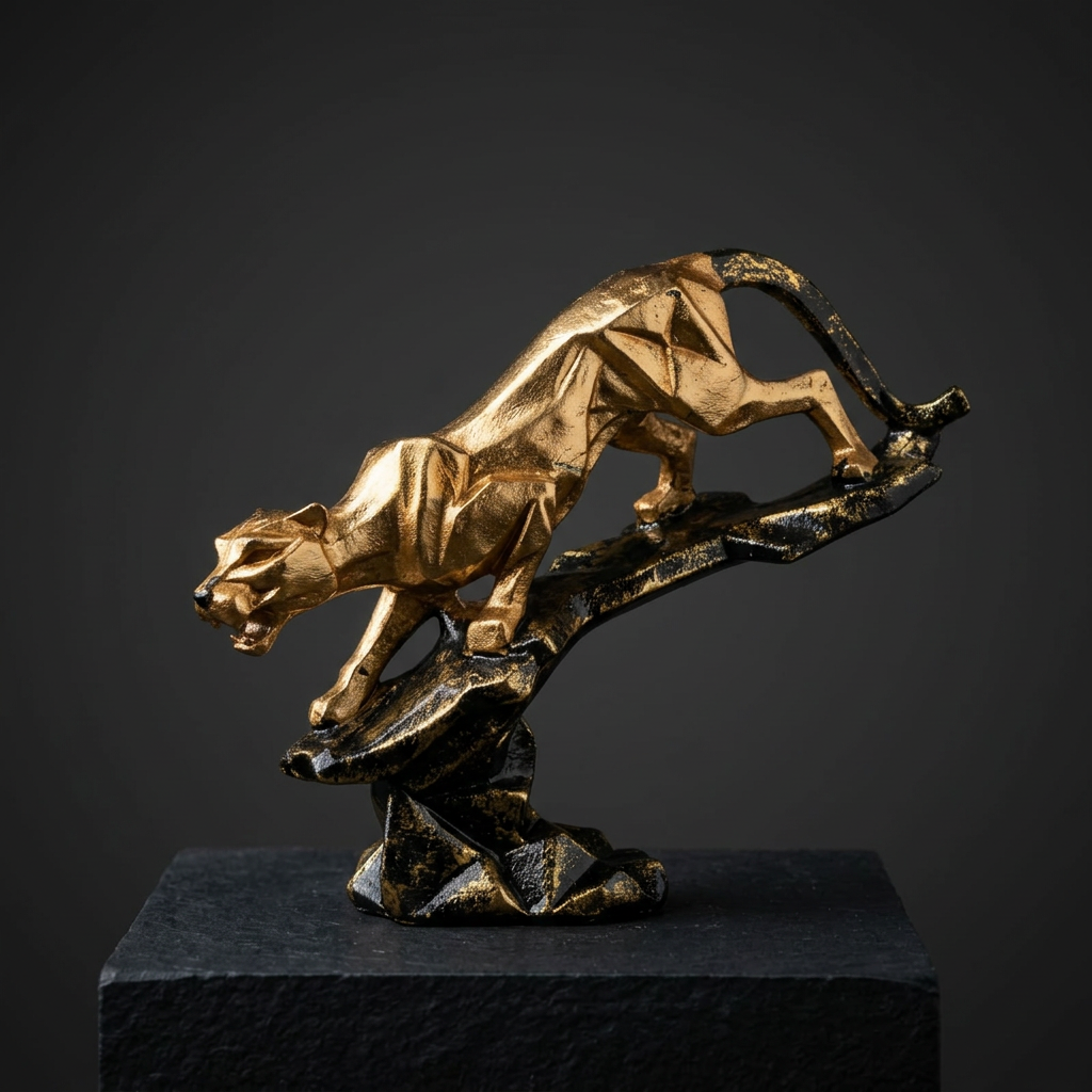 Gold and black geometric panther statue on dark grey background