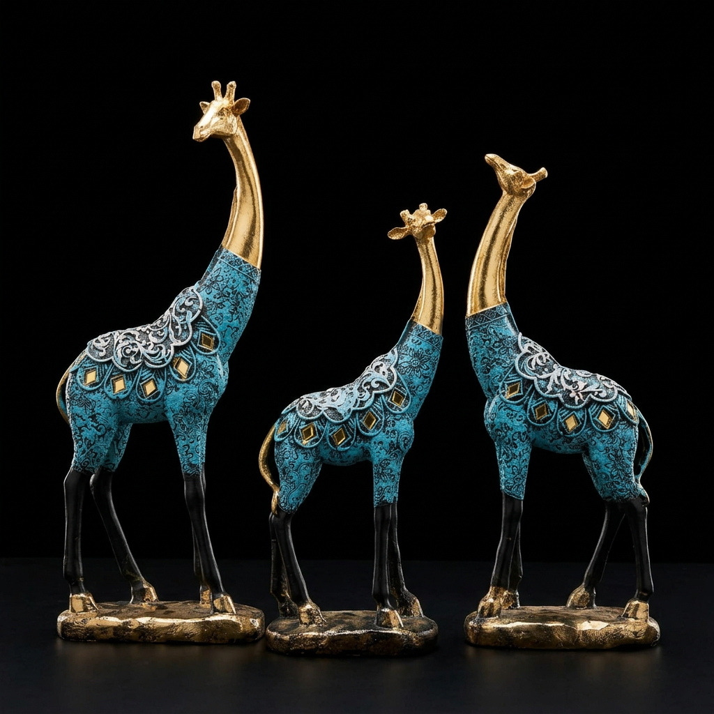 Teal Gold Giraffe Statues Set of 3 Black Background