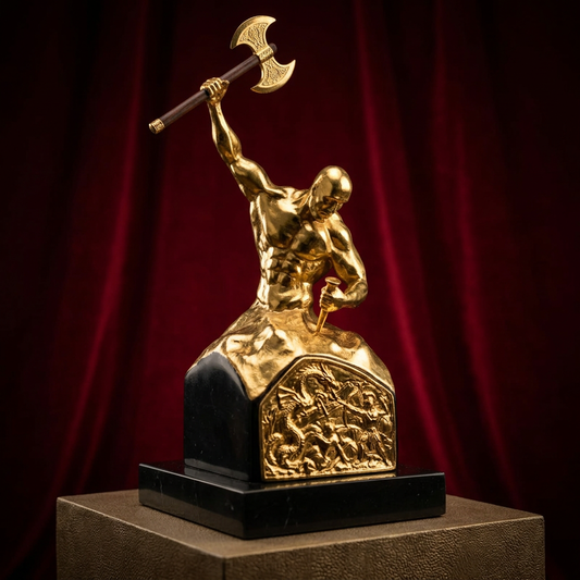 Gold Warrior Axe Statue Red Background